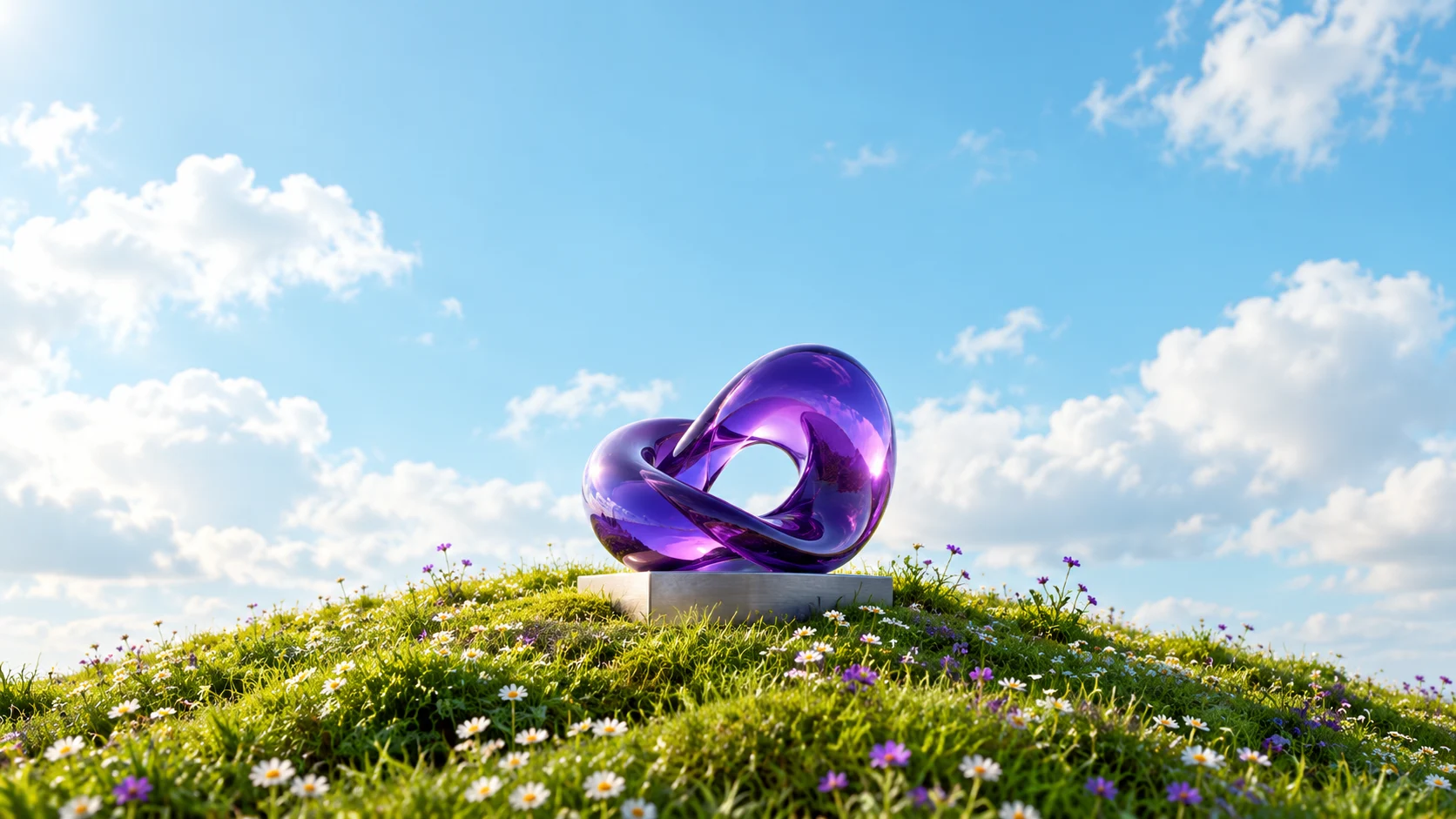 A purple sculptural ribbon on a wildflower meadow under an open blue sky